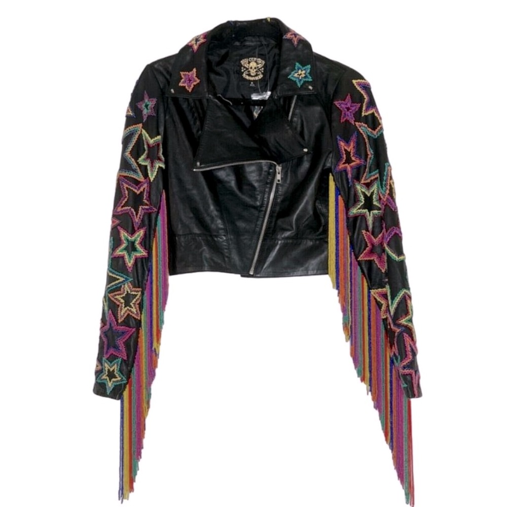 Any Old Iron Fringetastic Leather Moto Jacket Size SMALL. Rainbow beaded fringe
